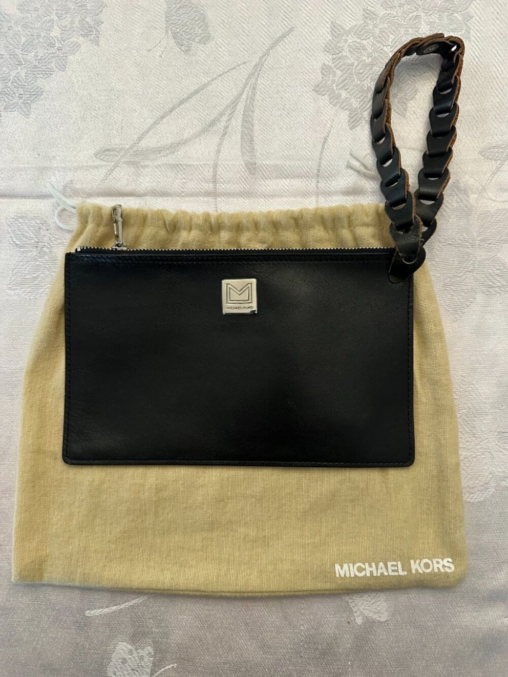 Michael Kors Black Leather Zip Pouch Clutch Braided Wristlet Dust Bag